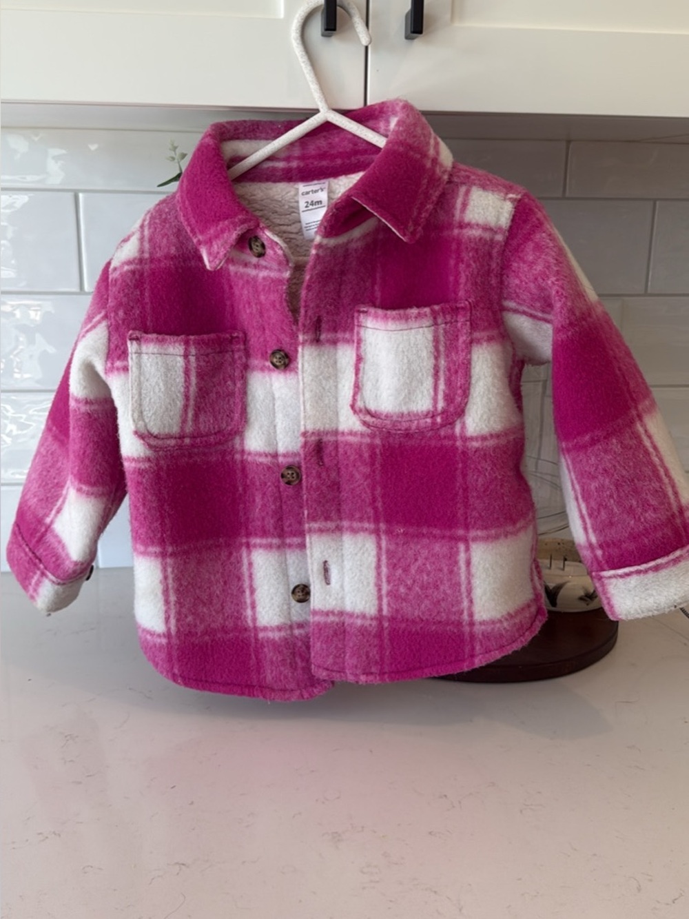 Carter's Pink and White Plaid Fleece Button-Up Jacket